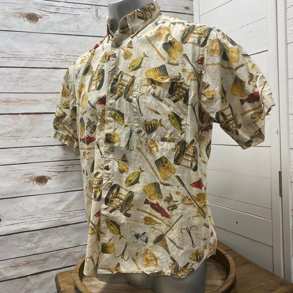 Crossings Mens Camp Fly Fishing Fish Shirt Aloha Hawaiian Button Down Pocket L - Picture 3 of 7